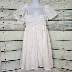 White Eyelet Puff Sleeve Dress Women’s Size M Smocked Bodice Summer